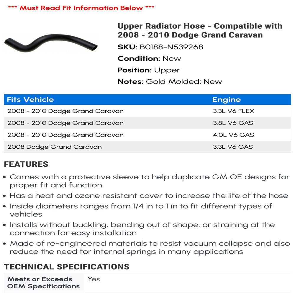 Upper Radiator Hose - Compatible with 2008 - 2010 Dodge Grand Caravan 2009