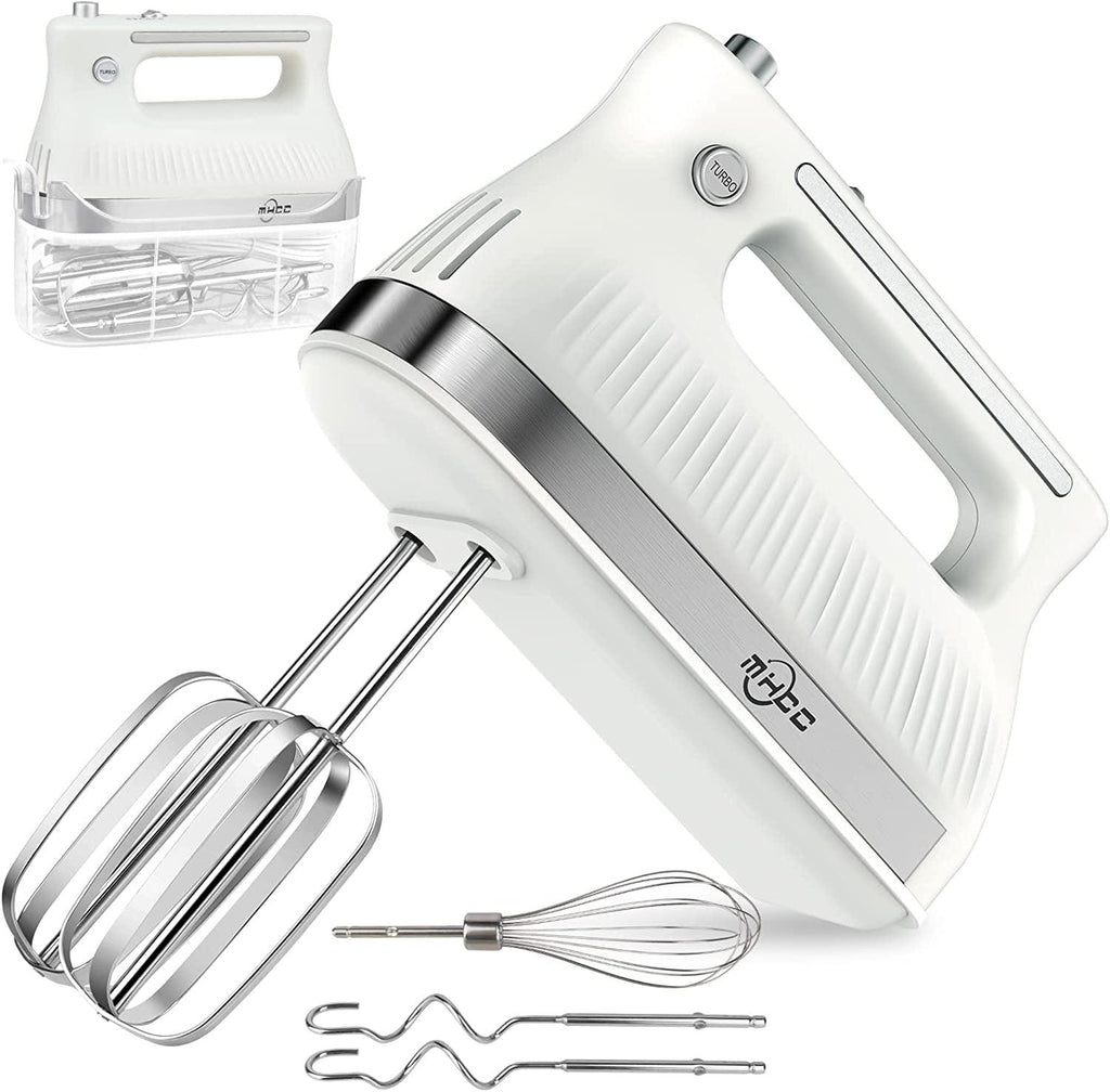 5-Speed​ Electric Hand Mixer with Snap-On Storage Case, Egg Beater, Cake Whisk, 250-Watt-White