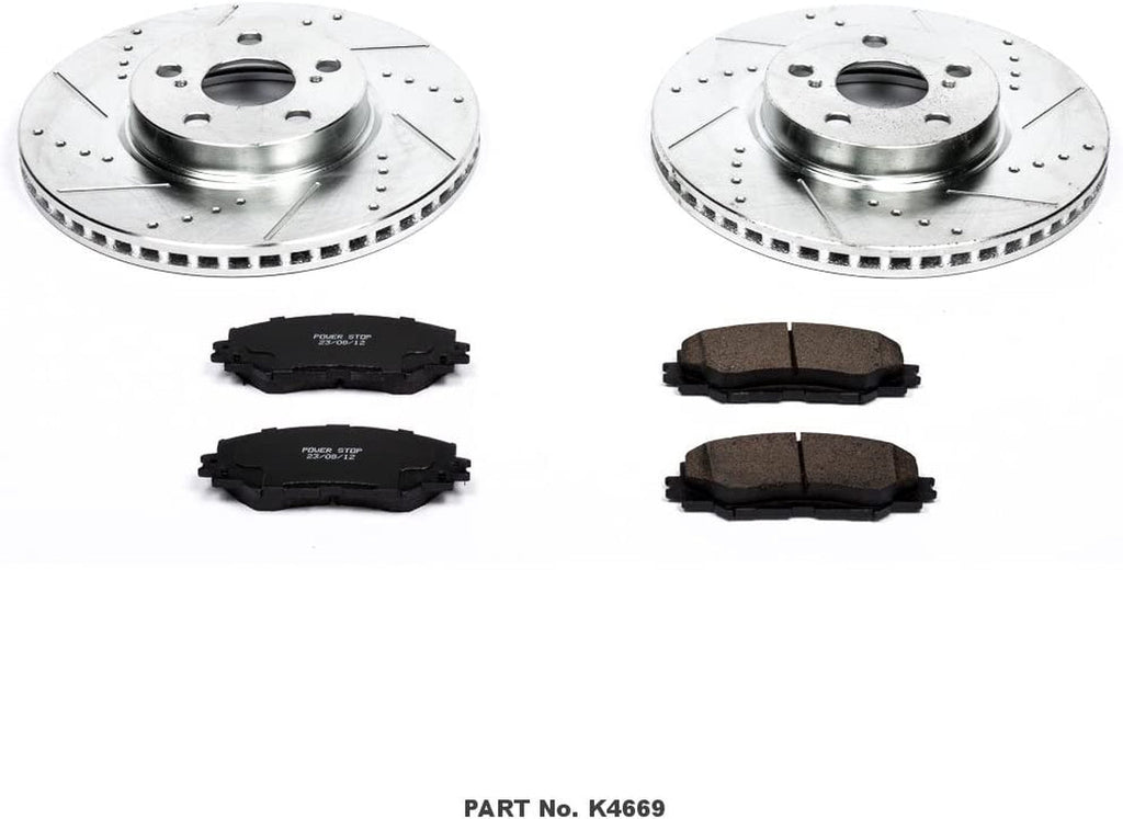 Power Stop K4669 Front Z23 Carbon Fiber Brake Pads with Drilled & Slotted Brake Rotors Kit