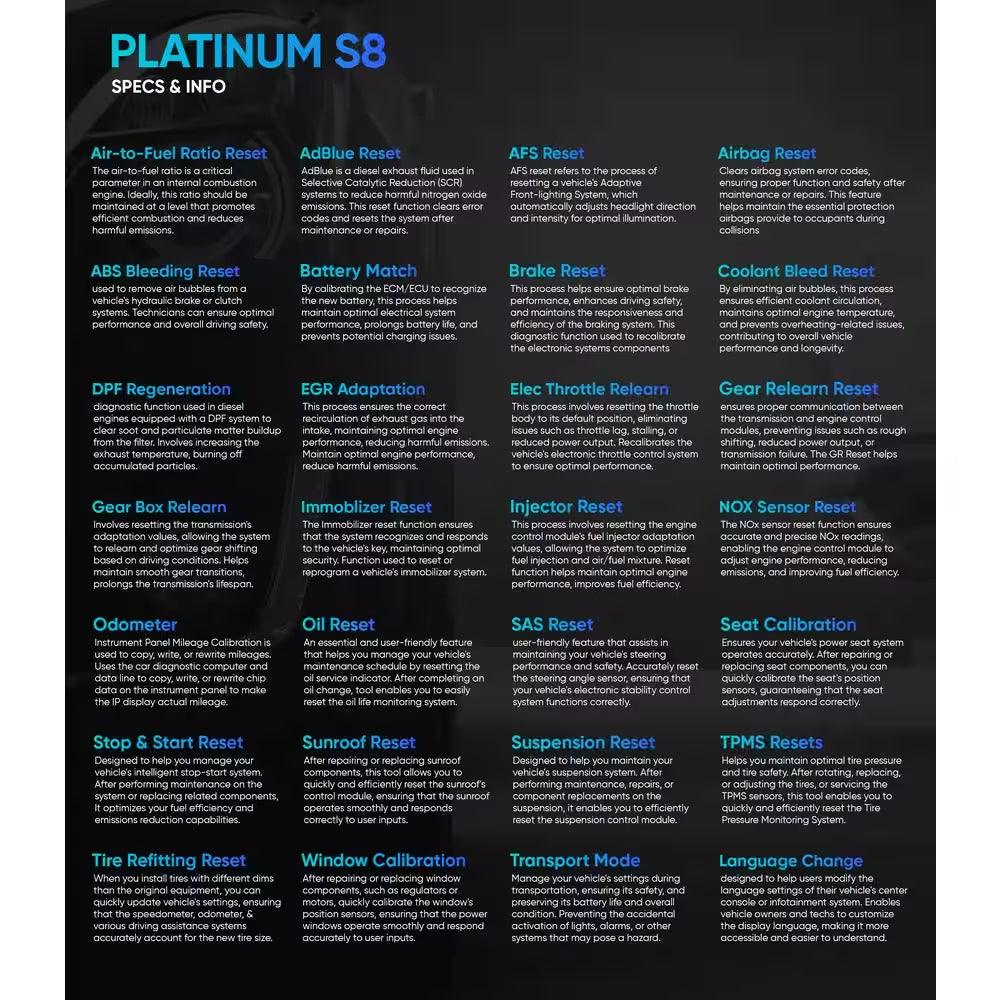 8 In. OBD2 Scanner Tablet Professional Vehicle Diagnostic Scan Tool PLATINUM S8