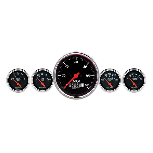 5 PC. GAUGE KIT 3-3/8 in. & 2-1/16 in. ELEC. SPEEDOMETER DESIGNER BLACK - greatparts
