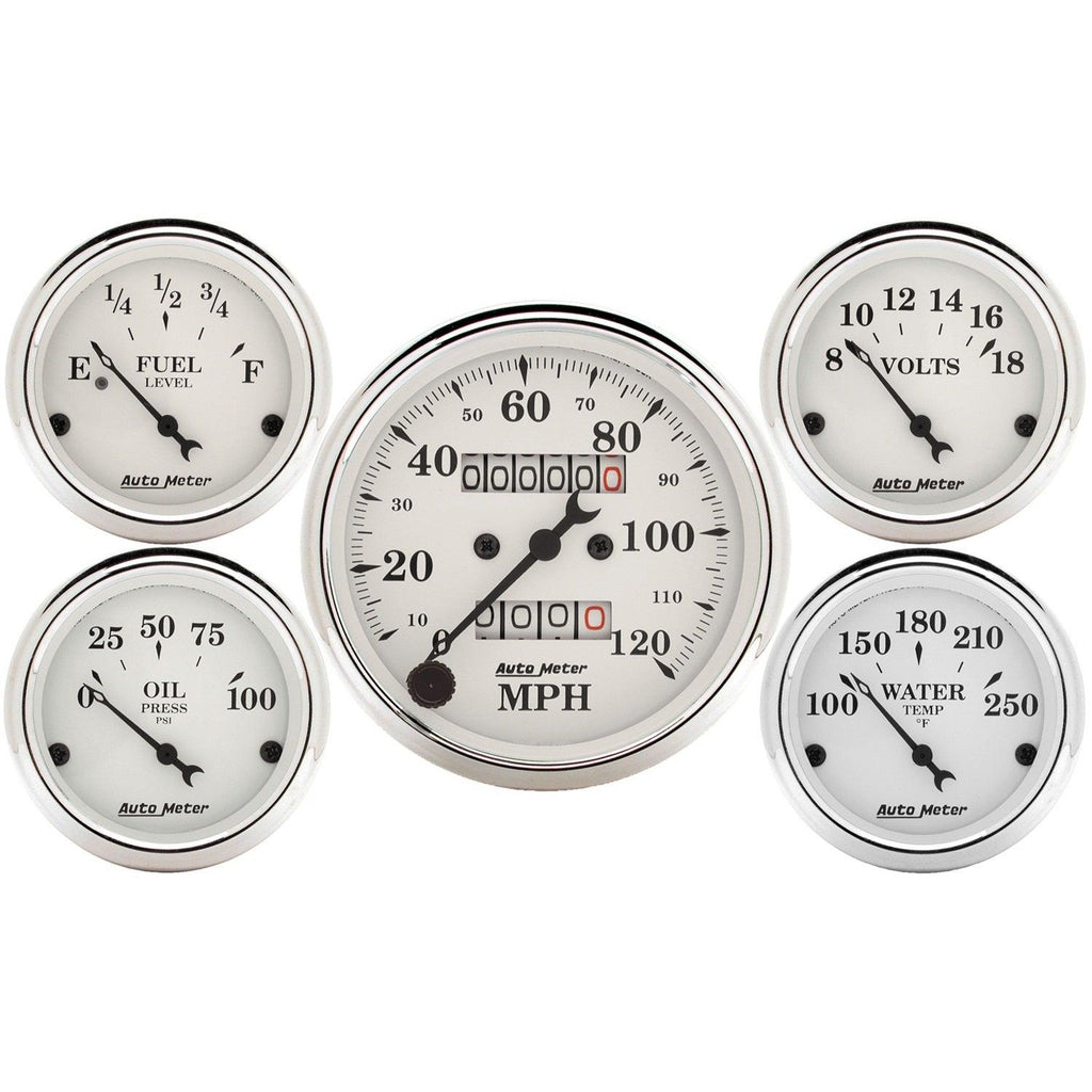 5 PC. GAUGE KIT 3-1/8 in. & 2-1/16 in. MECH. SPEEDOMETER OLD TYME WHITE - greatparts