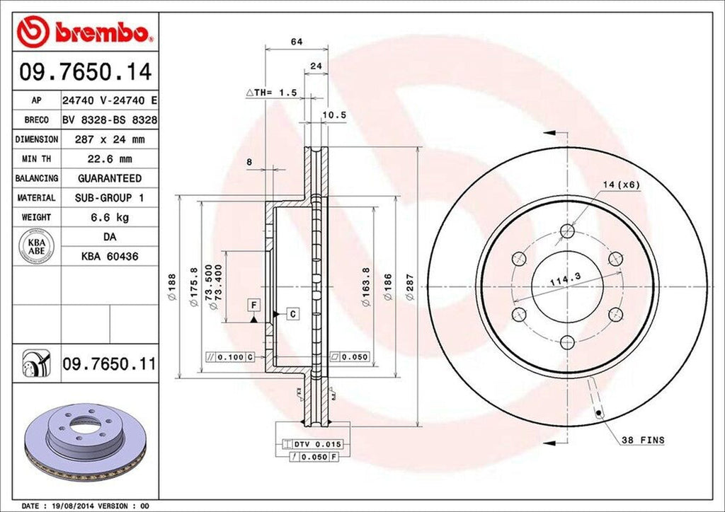 Brembo Front Disc Brake Rotor for Dakota, Durango (09.7650.11)