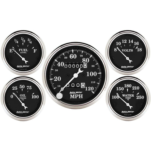 5 PC. GAUGE KIT 3-1/8 in. & 2-1/16 in. MECH. SPEEDOMETER OLD TYME BLACK - greatparts