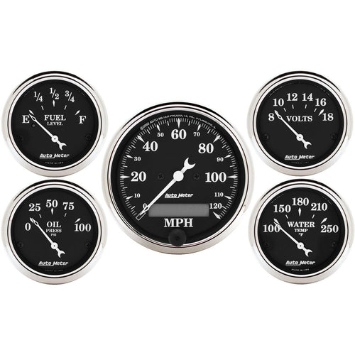 5 PC. GAUGE KIT 3-1/8 in. & 2-1/16 in. ELEC. SPEEDOMETER OLD TYME BLACK - greatparts