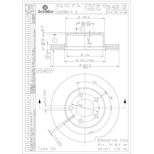 Brembo Front Disc Brake Rotor for Volvo (09.4629.10)