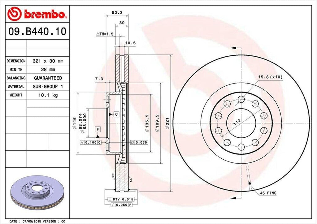Brembo Front Disc Brake Rotor for Audi (09.B440.10)