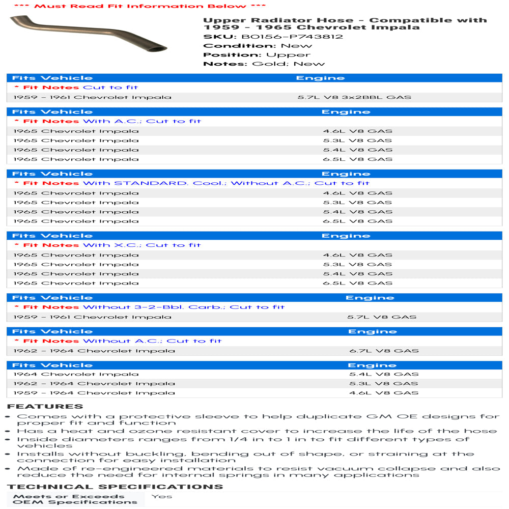 Upper Radiator Hose - Compatible with 1959 - 1965 Chevy Impala 1960 1961 1962 1963 1964