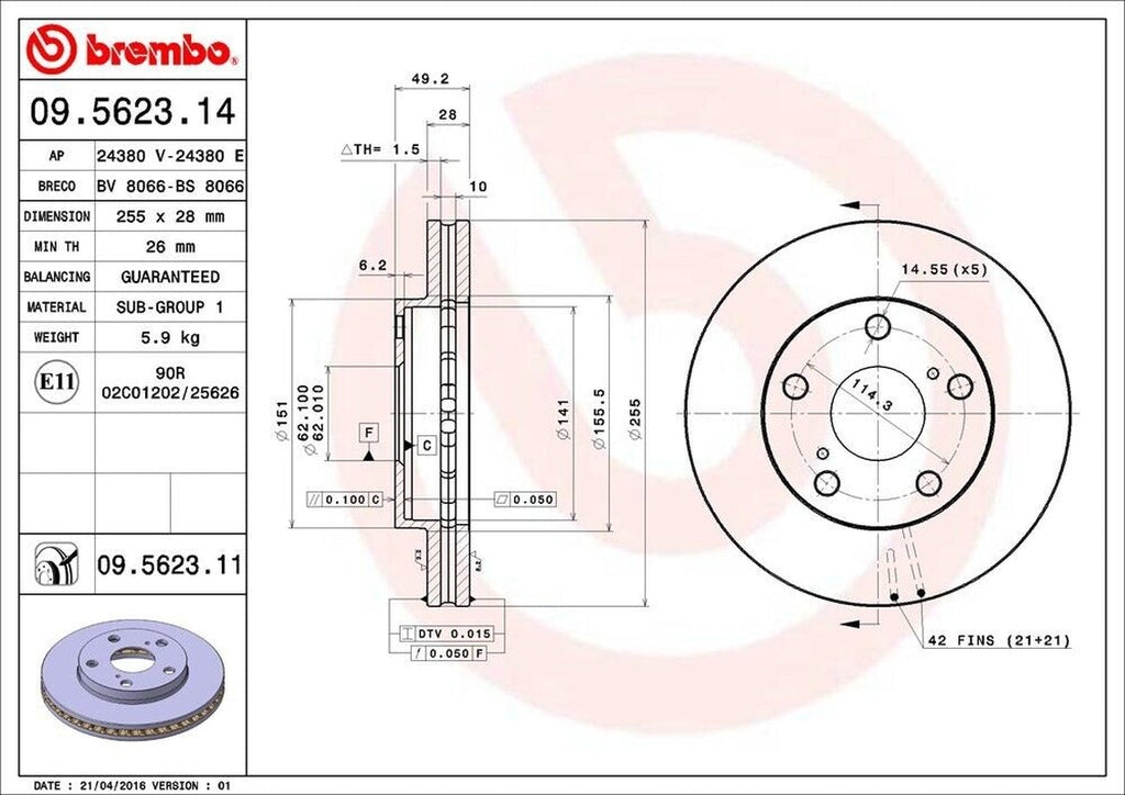 Brembo Front Disc Brake Rotor for 1992-2001 Camry (09.5623.11)