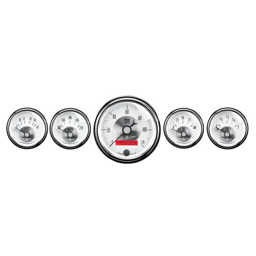 5 PC. GAUGE KIT 3-3/8 in. & 2-1/16 in. ELEC. SPEEDO W/ LCD ODO PRESTIGE PEARL - greatparts