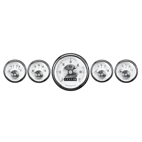 5 PC. GAUGE KIT 3-3/8 in. & 2-1/16 in. ELEC. SPEEDO W/ WHEEL ODO PRESTIGE PEARL - greatparts