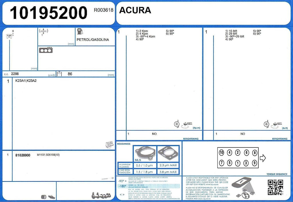 81028900 Head Bolt Set for Select Vehicles with 4-Cylinder Engine: Acura: 2007-12 RDX, 2002-06 RSX, 2004-08 TSX; Honda: 2003-07 Accord, 2002-11 Civic, 2002-09 CR-V, 2003-11 Element; Set of 10
