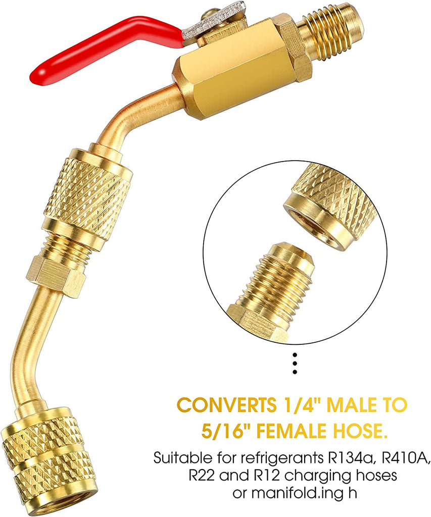 R410A Valve Core Remover Kits 7 Air Conditioning Refrigerant Angled Compact Ball Valve Compatible with SAE 1/ 4 and 5/ 16 Port R410 R32 Brass Adapter 20 Valve Cores 10 Brass Nut 270 Sealing Washer