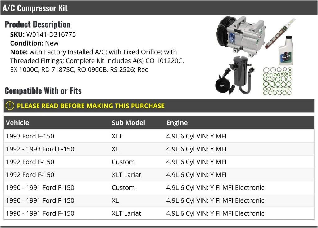 A/C Compressor Kit - Compatible with 1990-1993 Ford F-150 4.9L 6-Cylinder VIN Y (With Factory Installed A/C and Red Fixed Orifice)