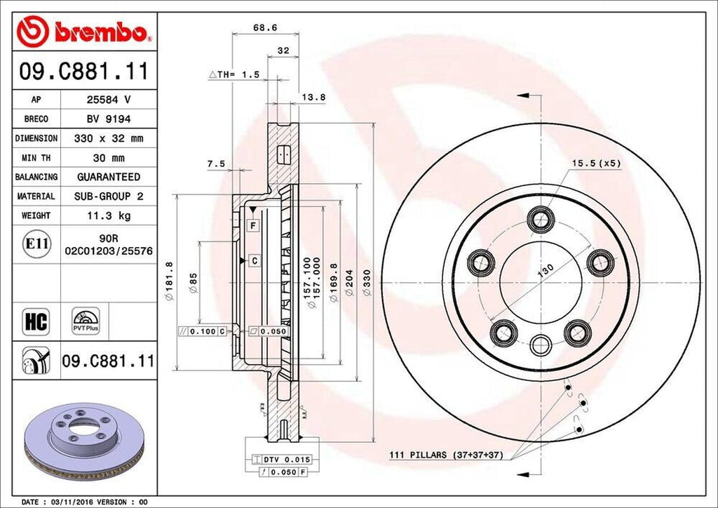 Brembo Front Driver Side Disc Brake Rotor for Touareg, Cayenne (09.C881.11)