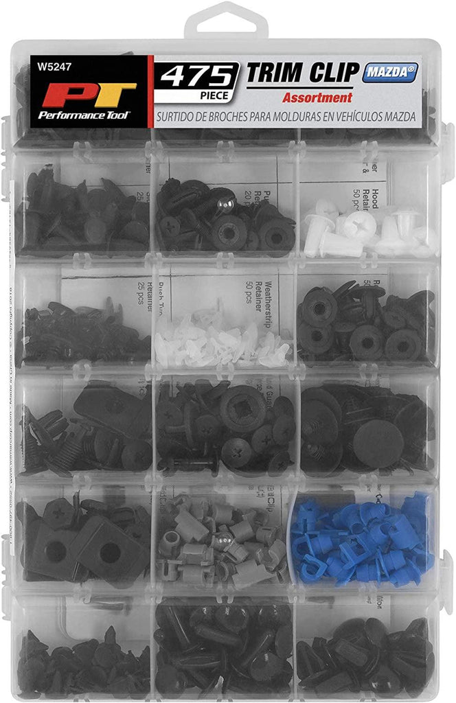 Performance Tool W5247 475Pc Auto Body Retainer, Fastener, and Clip Assortment for Mazda Vehicles - OEM Quality Nylon Parts with Convenient Organizer