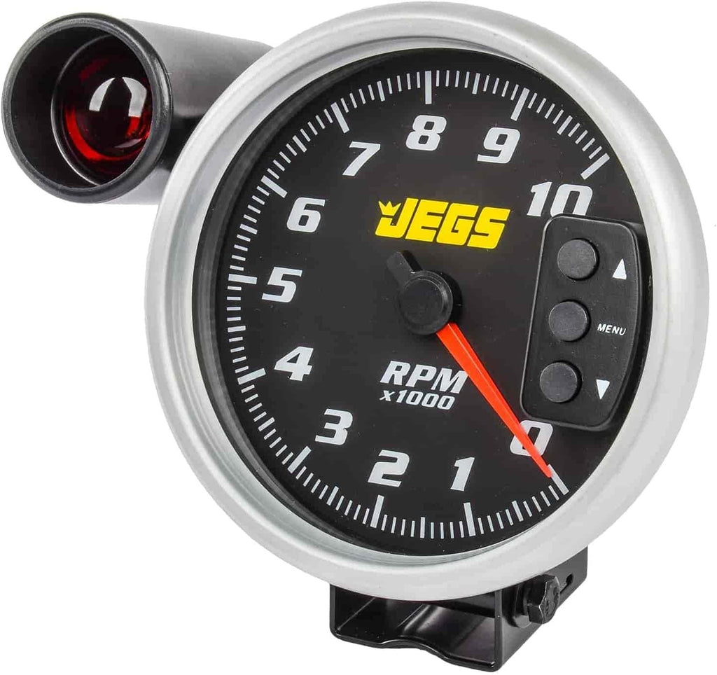 5” Tachometer | Black Face with Silver Bezel | 0-10,000 RPM Range | Super-Bright LED Shift Light | One-Touch Peak RPM Recall | Mounting Bracket Included