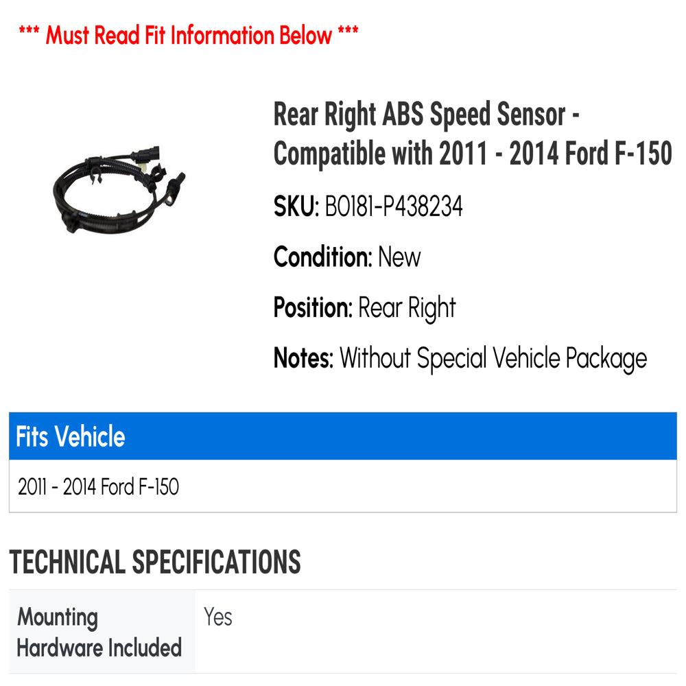 Rear Right ABS Speed Sensor - Compatible with 2011 - 2014 Ford F-150 2012 2013