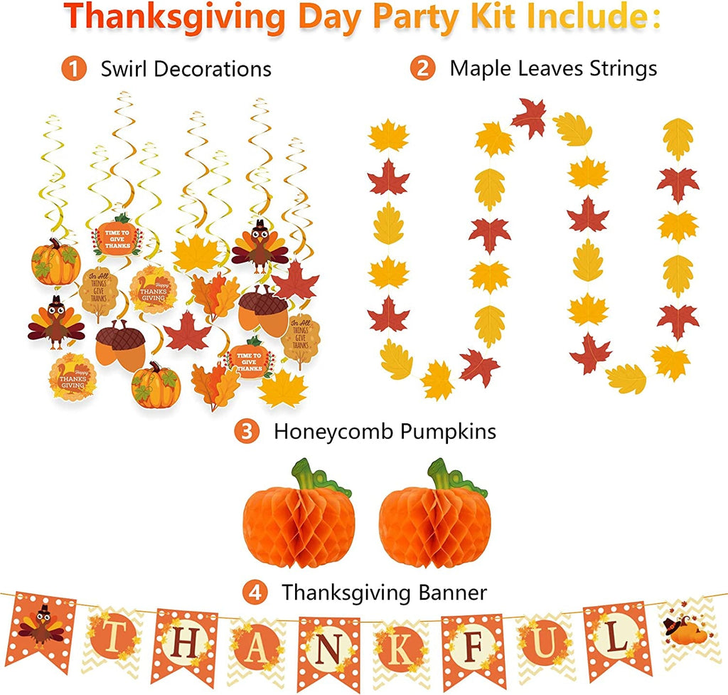 Dazonge Thanksgiving Decorations 40PCS, Pre-Assembled Thanksgiving Banner, Hanging Swirls, Fall Leaves Garland and Honeycomb Pumpkins for Thanksgiving Decor, Fall Decor, Thanksgiving Decorations for Home