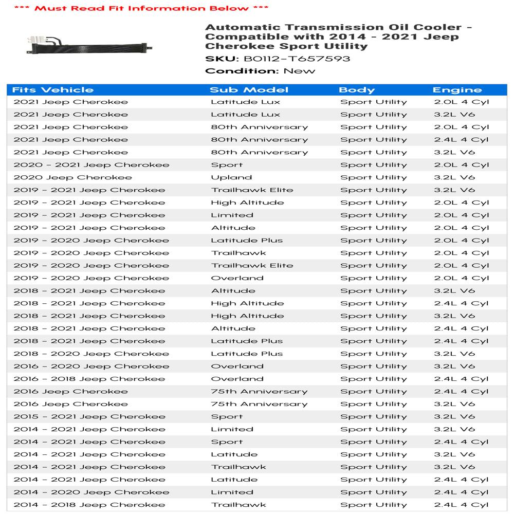 Automatic Transmission Oil Cooler - Compatible with 2014 - 2021 Jeep Cherokee Sport Utility 2015 2016 2017 2018 2019 2020