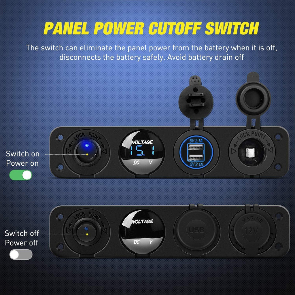 4 in 1 ON/OFF Charger Socket Panel Dual USB Socket Power Outlet & LED Voltmeter &Cigarette Lighter Socket& LED Lighted on off Rocker Toggle Switch for Truck Car Marine Boats RV,2 Yeas Warranty