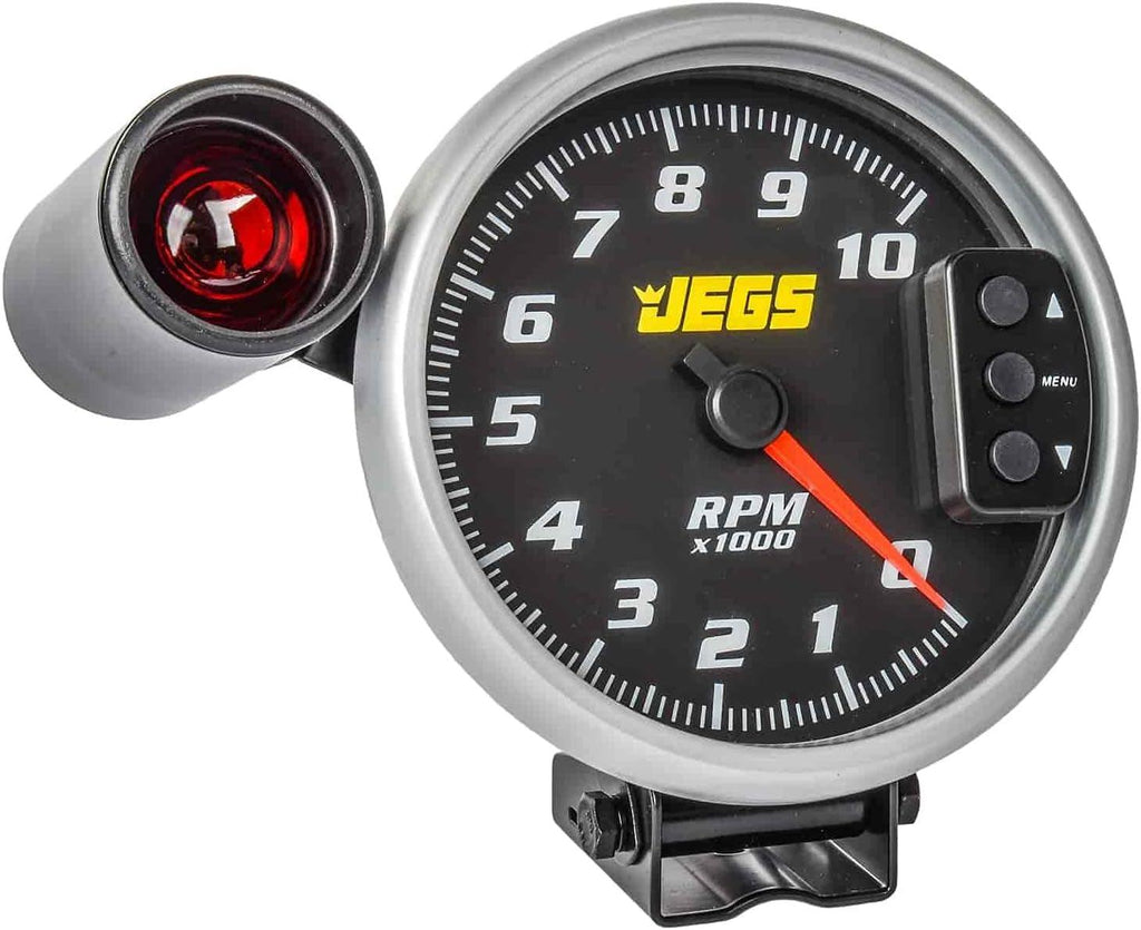 5” Tachometer | Black Face with Silver Bezel | 0-10,000 RPM Range | Super-Bright LED Shift Light | One-Touch Peak RPM Recall | Mounting Bracket Included
