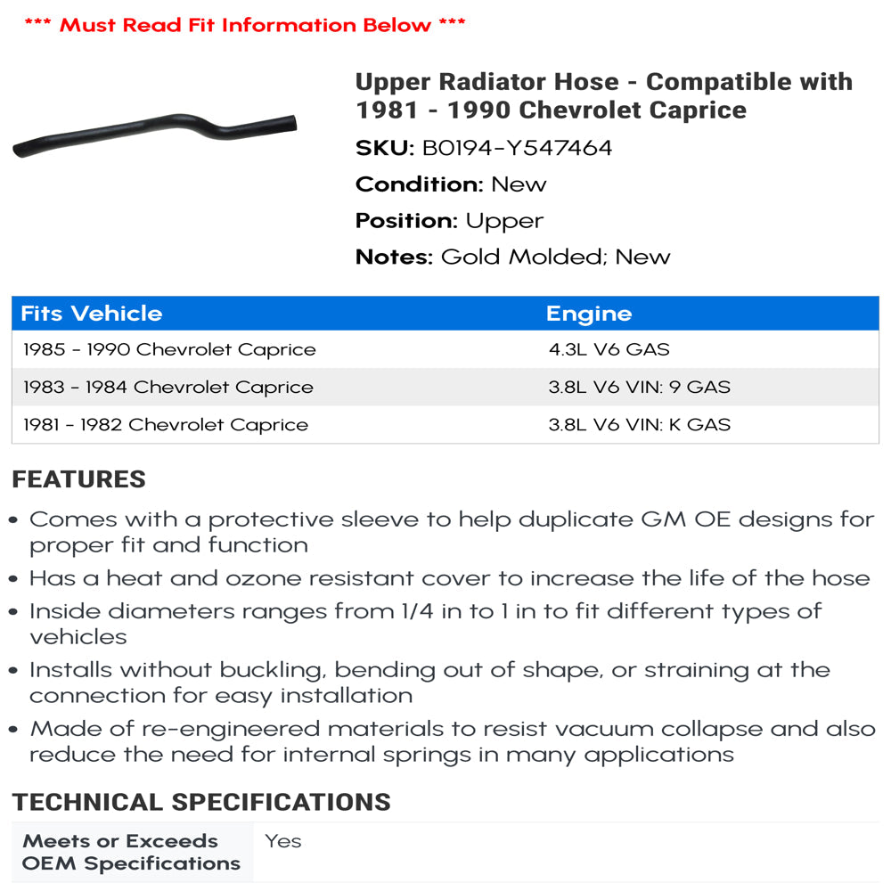 Upper Radiator Hose - Compatible with 1981 - 1990 Chevy Caprice 1982 1983 1984 1985 1986 1987 1988 1989
