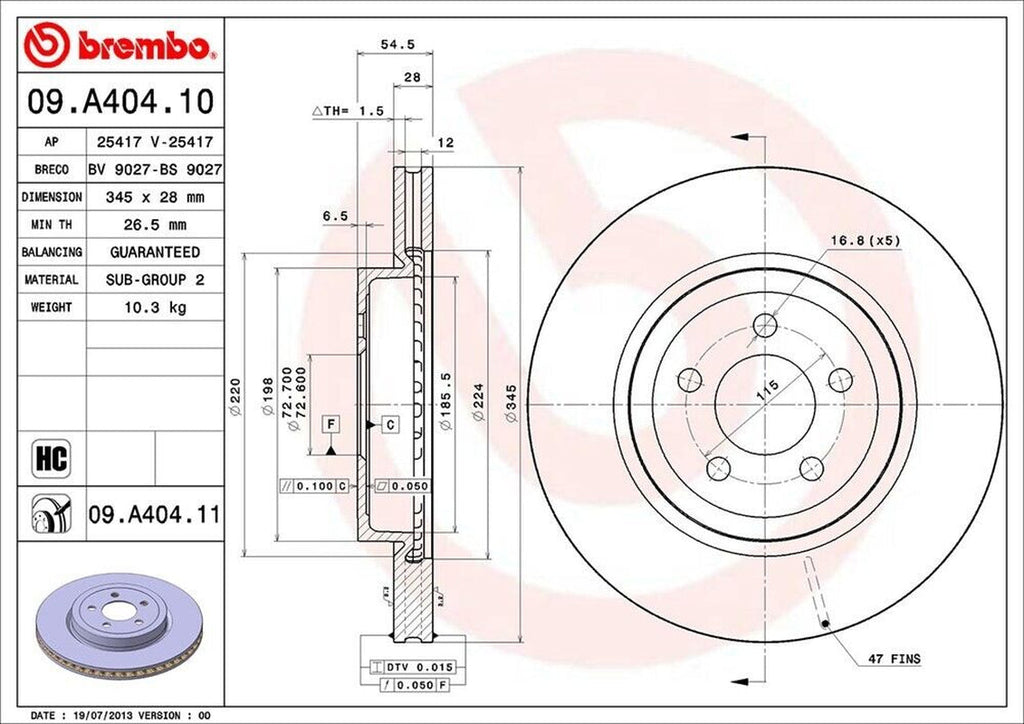 Brembo Front Disc Brake Rotor for 300, Challenger, Charger, Magnum (09.A404.11)