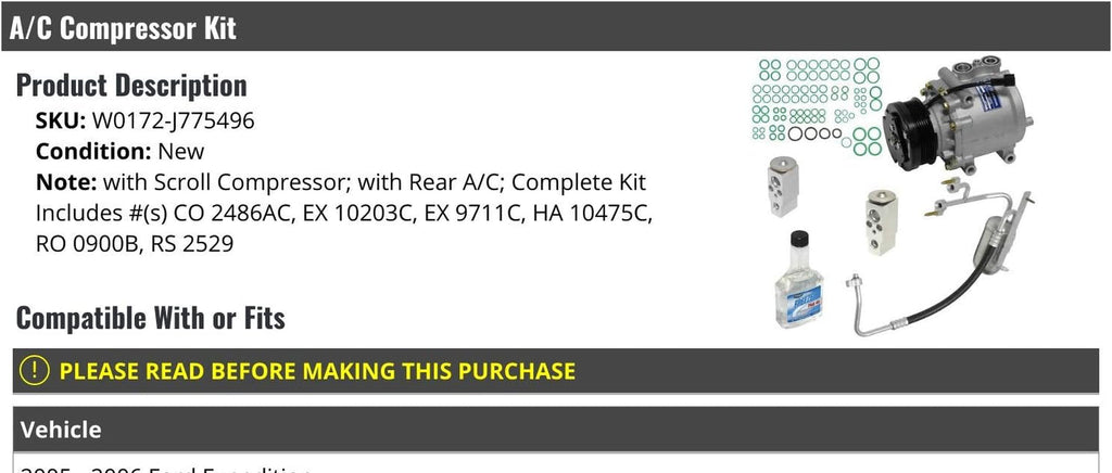 A/C Compressor Kit - with Scroll Compressor - Compatible with 2005-2006 Ford Expedition (With Rear AC)