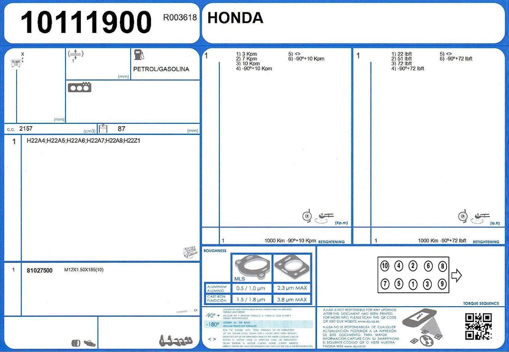 81027500 Head Bolt Set for 1998-01 Honda Prelude with 2.2L Engine; Set of 10