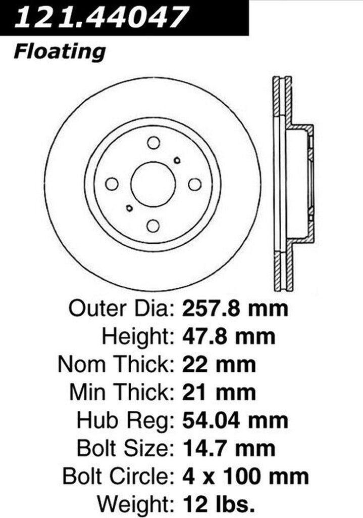 Centric Front Disc Brake Rotor for Prizm, Corolla, MR2 (121.44047)