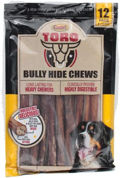 Cadet Toro Bully Hide Sticks All-Natural Dog Chews, 9"-12" (Pack of 12)
