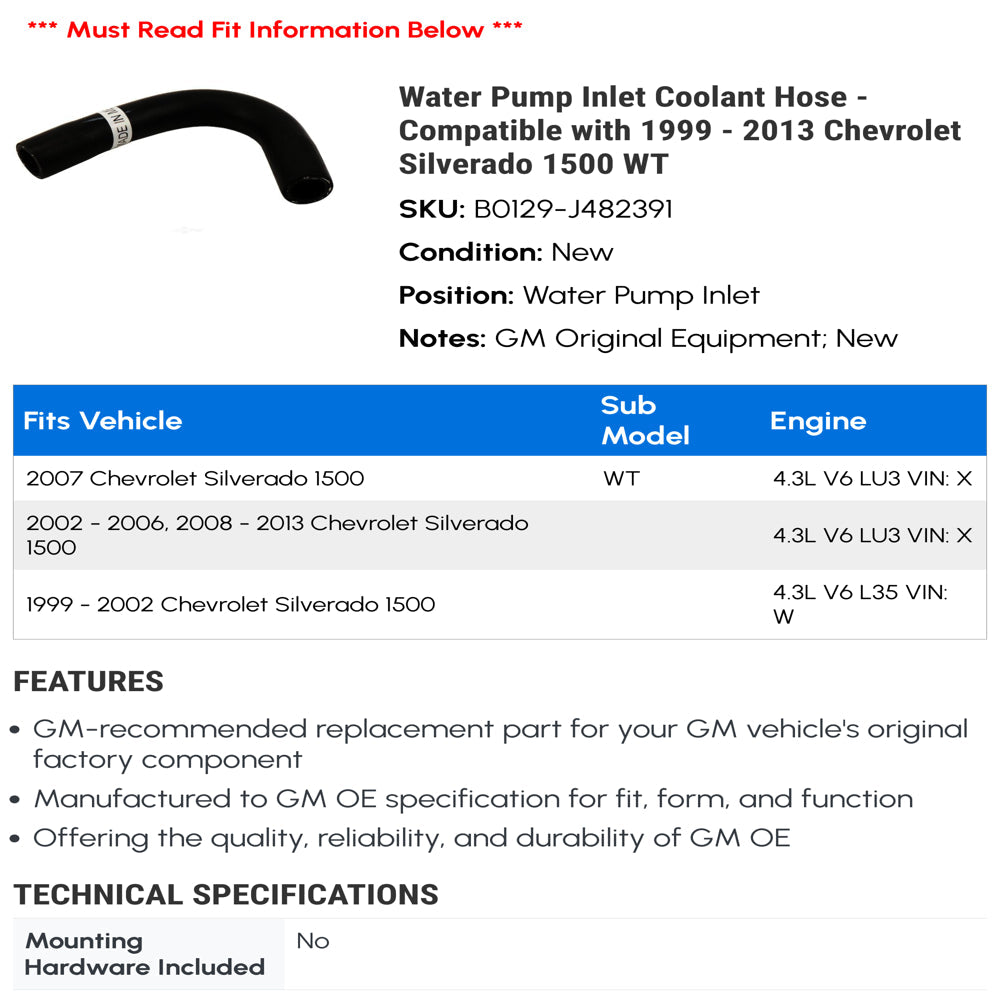 Water Pump Inlet Coolant Hose - Compatible with 1999 - 2013 Chevy Silverado 1500 WT 2000 2001 2002 2003 2004 2005 2006 2007 2008 2009 2010 2011 2012