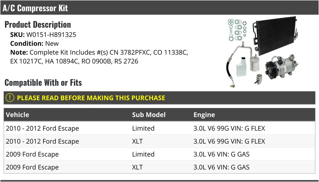 A/C Compressor Kit with Condenser - Compatible with 2009-2012 Ford Escape 3.0L V6 99G VIN G