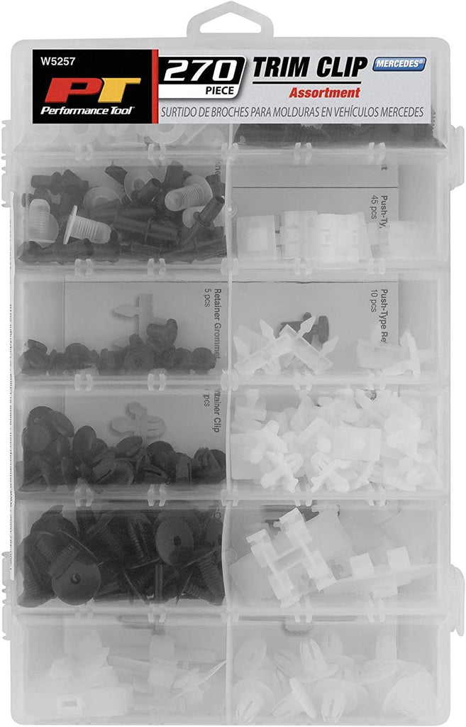 Performance Tool W5257 270Pc Mercedes Trim Clip Assortment Kit with Case - Perfect for Automotive Interior and Exterior Trim Repairs and Replacements