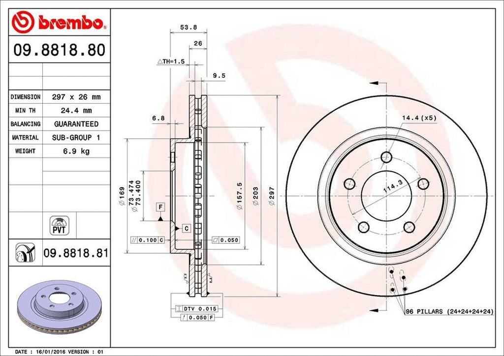 Brembo Front Disc Brake Rotor for 300M, Concorde, Intrepid, LHS (09.8818.81)