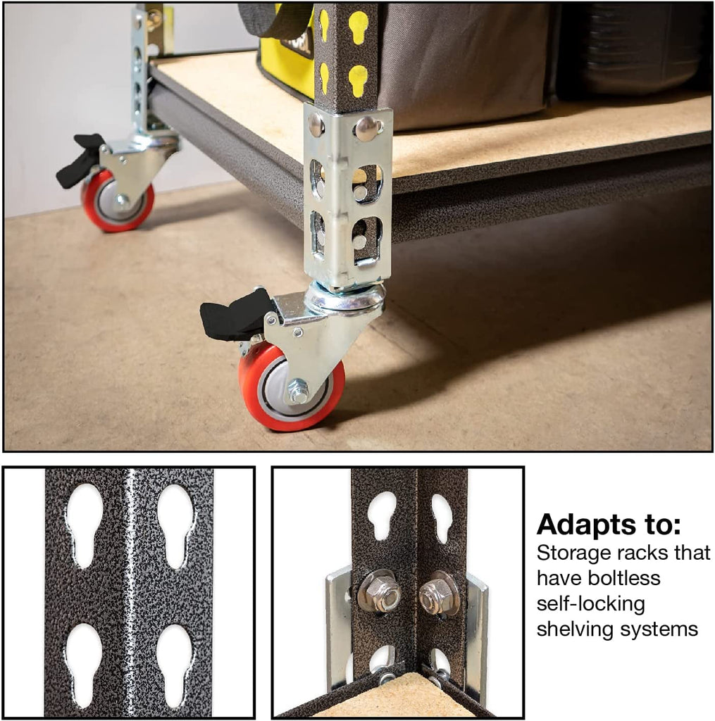 4Pc - Storage Rack Caster Wheels (Adapts to Boltless Self Locking Shelving Racks) (3" (500 Max Total Capacity))