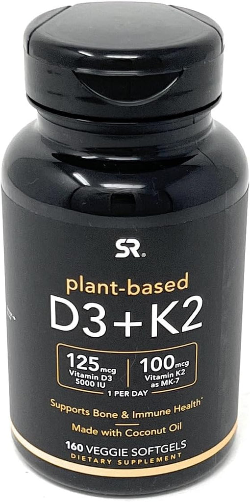 Sports Research Vitamin D3 K2 with 5000iu of Plant-Based D3 & 100mcg of Vitamin K2 as MK-7, Non-GMO Verified & Vegan Certified - 160 Liquid Softgels