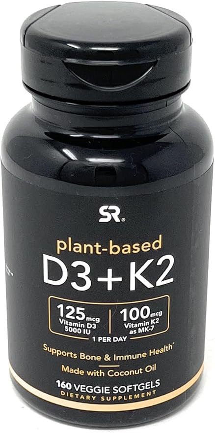 Sports Research Vitamin D3 K2 with 5000iu of Plant-Based D3 & 100mcg of Vitamin K2 as MK-7, Non-GMO Verified & Vegan Certified - 160 Liquid Softgels