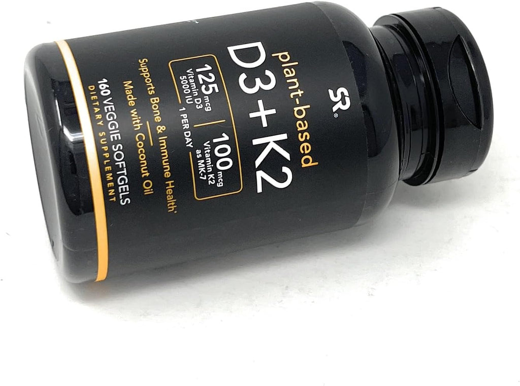 Sports Research Vitamin D3 K2 with 5000iu of Plant-Based D3 & 100mcg of Vitamin K2 as MK-7, Non-GMO Verified & Vegan Certified - 160 Liquid Softgels