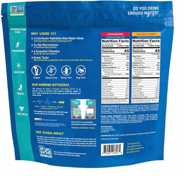 Liquid I.V. Hydration Multiplier, 30 Individual Serving Stick Packs in Resealable Pouch Flavor : Golden Cherry & Strawberry (1)