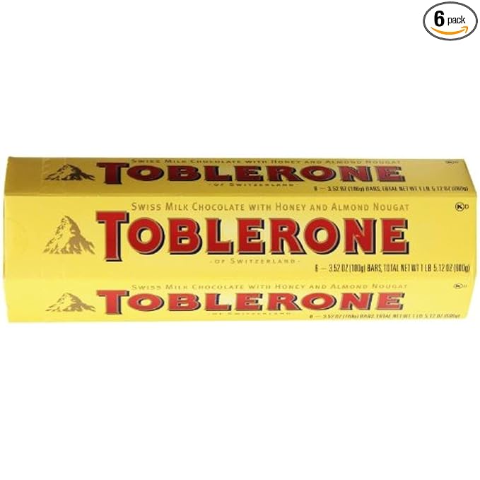 Toblerone Swiss Milk Chocolate with Honey and Almond Nougat, 6 - 100g Bars, Total Net Wt 600g, 3.52 Ounce (Pack of 6)