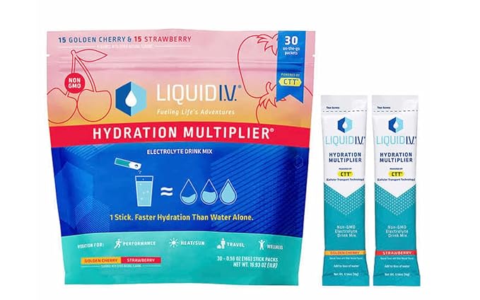 Liquid I.V. Hydration Multiplier, 30 Individual Serving Stick Packs in Resealable Pouch Flavor : Golden Cherry & Strawberry (1)