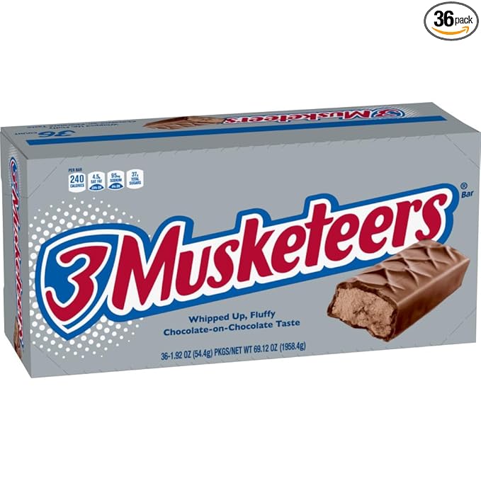 3 MUSKETEERS Candy Milk Chocolate Bars, Full Size, 1.92 oz Bar (Pack of 36) Box