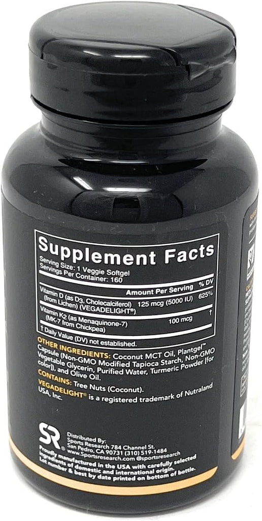 Sports Research Vitamin D3 K2 with 5000iu of Plant-Based D3 & 100mcg of Vitamin K2 as MK-7, Non-GMO Verified & Vegan Certified - 160 Liquid Softgels