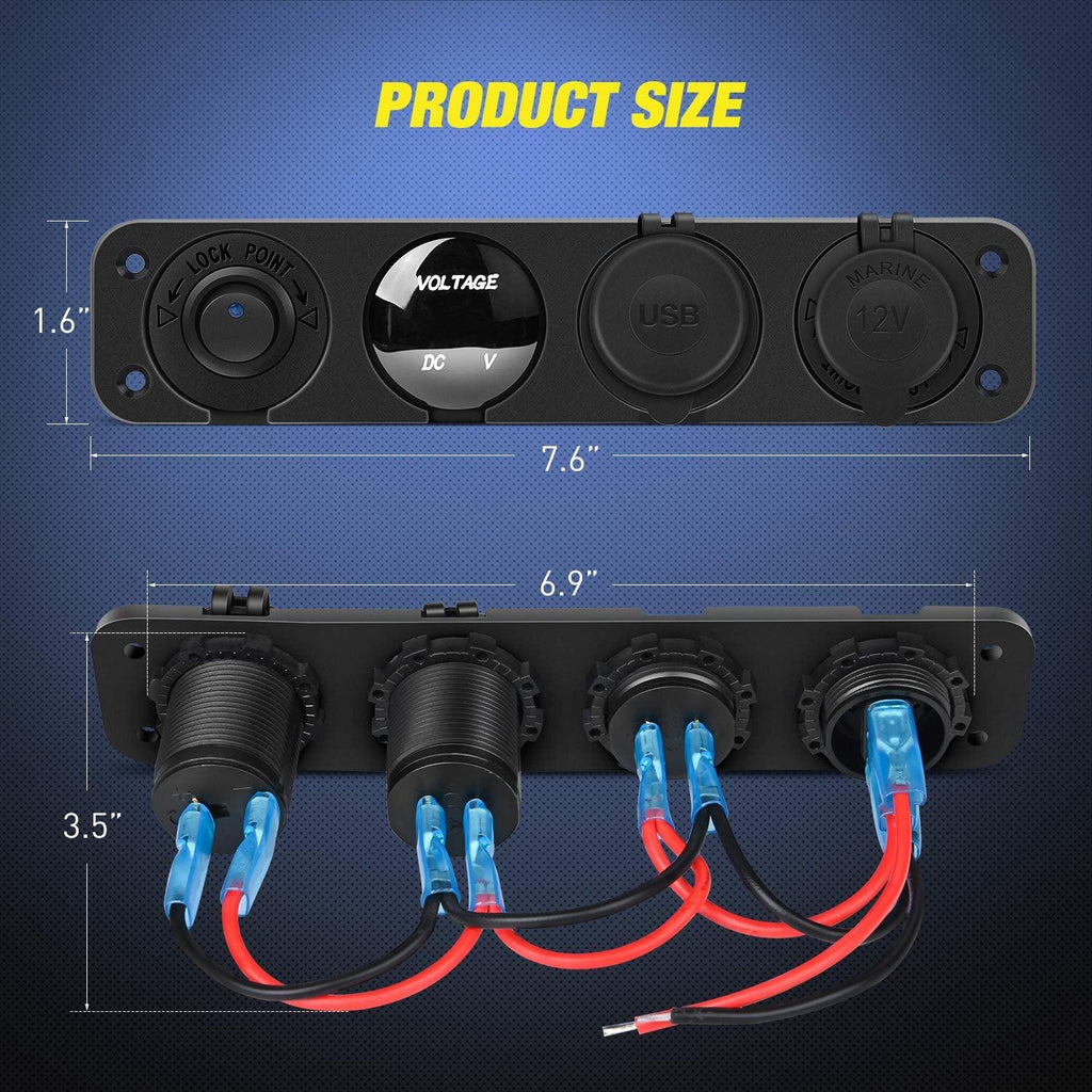 4 in 1 ON/OFF Charger Socket Panel Dual USB Socket Power Outlet & LED Voltmeter &Cigarette Lighter Socket& LED Lighted on off Rocker Toggle Switch for Truck Car Marine Boats RV,2 Yeas Warranty