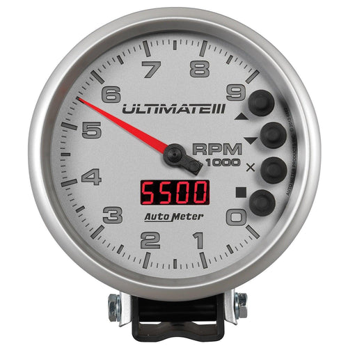 5 in. TACHOMETER 0-9000 RPM PEDESTAL ULTIMATE III PLAYBACK SILVER - greatparts