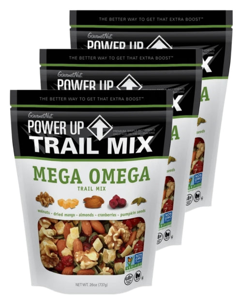 Power Up Mega Omega Gluten Free Vegan Trail Mix 3 Pack of 26 Oz. Resealable Bags