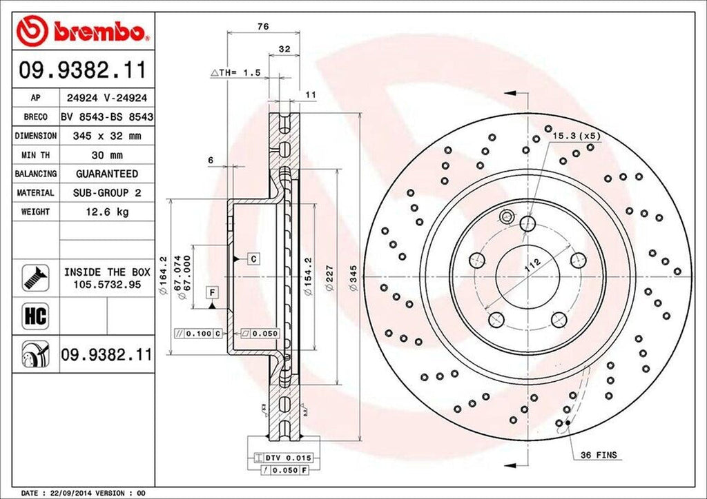 Brembo Front Disc Brake Rotor for CL600, S600, CL55 AMG, S55 AMG (09.9382.11)