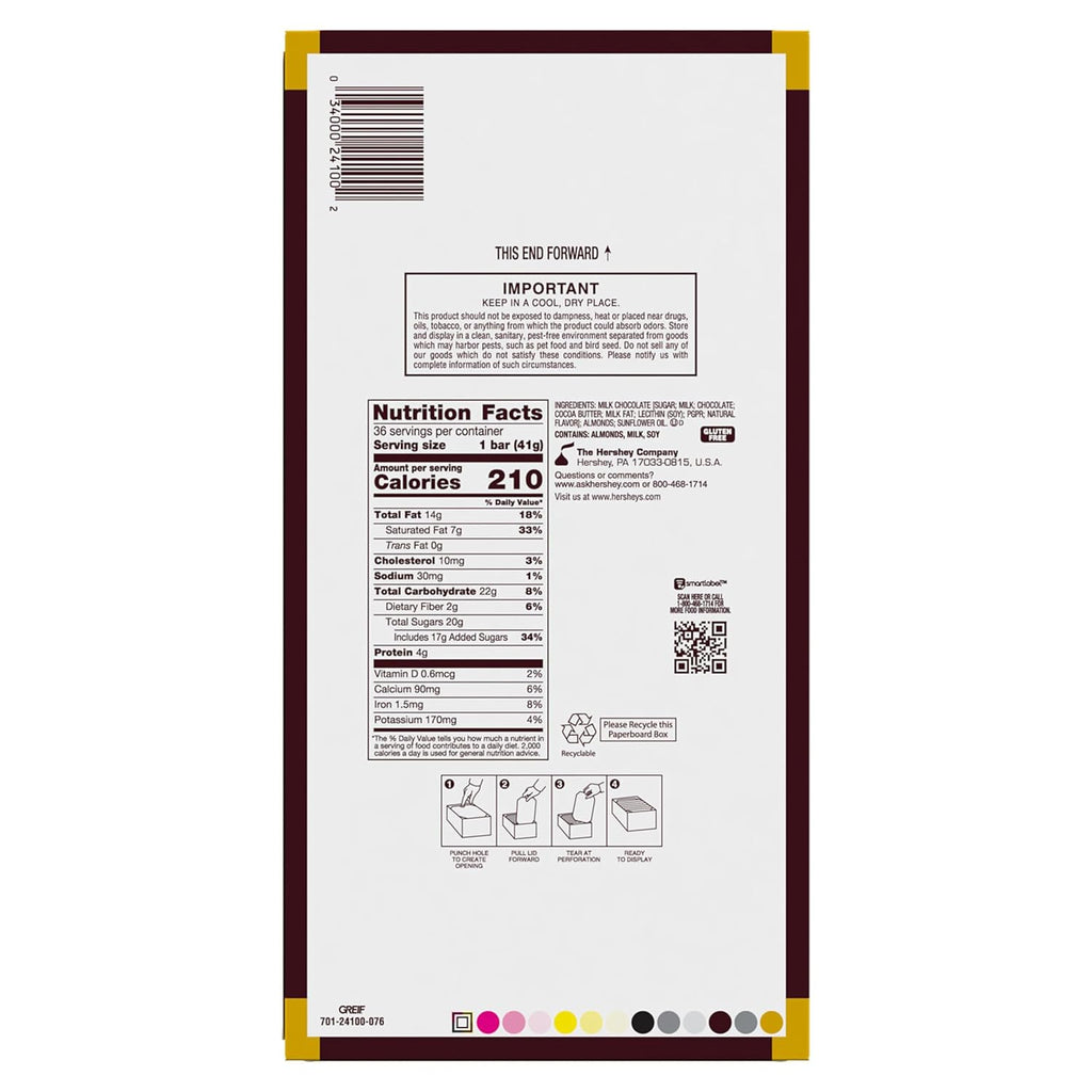 HERSHEY'S Milk Chocolate with Whole Almonds Candy Bars, 1.45 oz (36 Count)